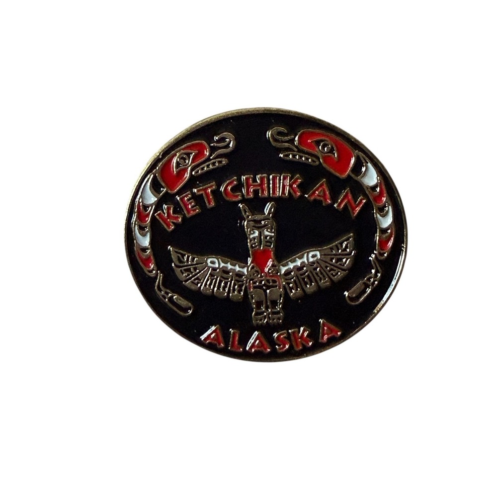 Ketchikan Alaska Totem Pole Enamel Lapel Pin Souvenir Gold Tone Black Red White
